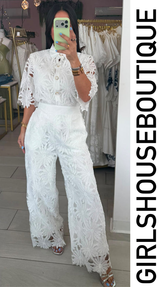 Blanc Elegance Lace Blouse & Pant Set