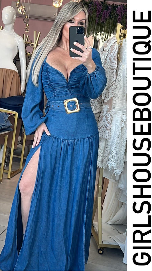 Marcela Denim Belted Maxi Dress