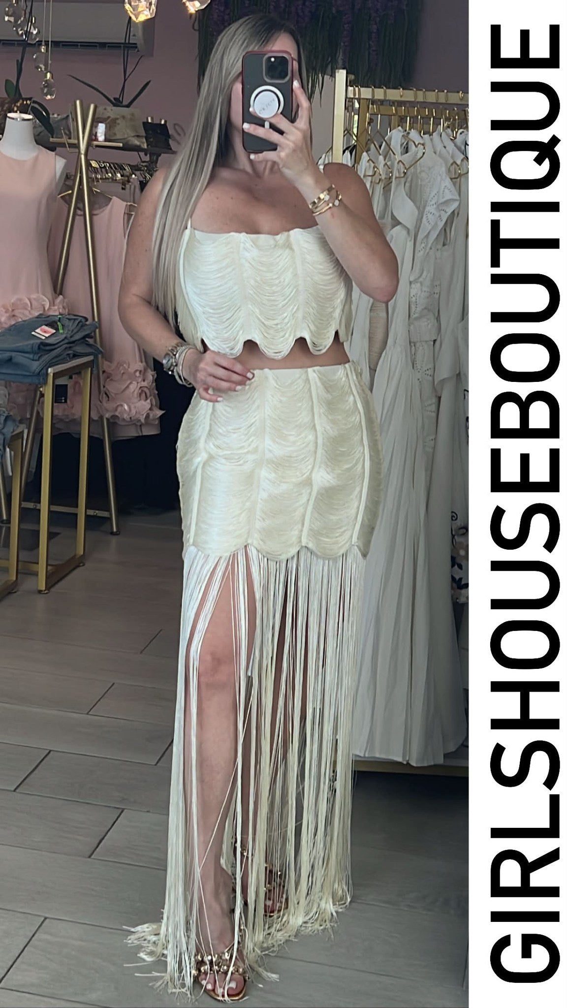 Bianca Soft Creme Fringe Crop Top & Skirt Set