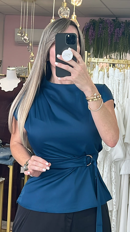 Teal Wrap Around Turtle Neck Satin Blouse