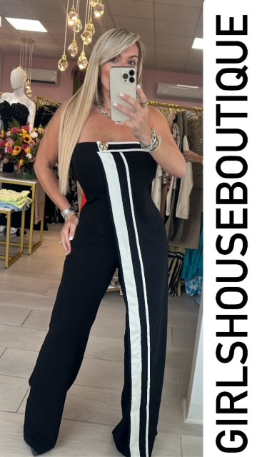 Black White Strip Strapless Jumpsuit