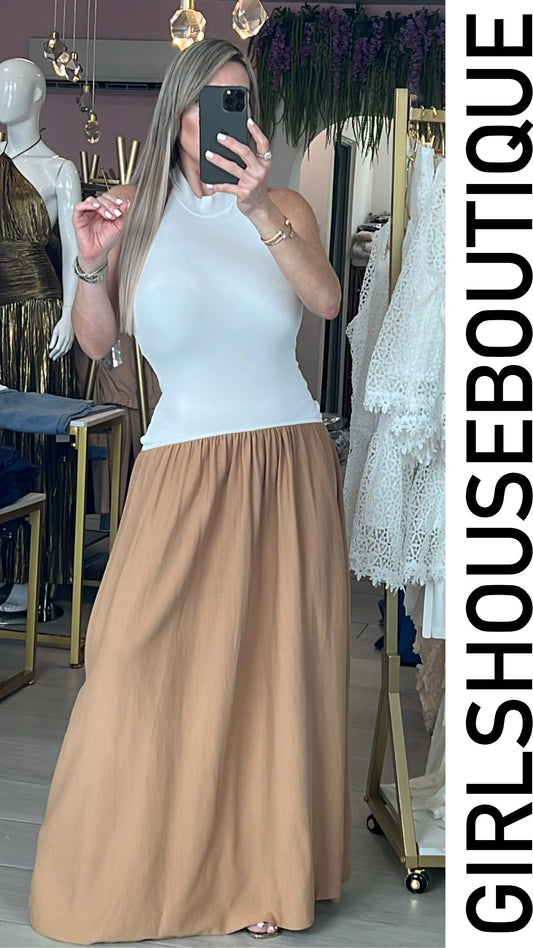 White&Taupe Halter Chic Maxi Dress