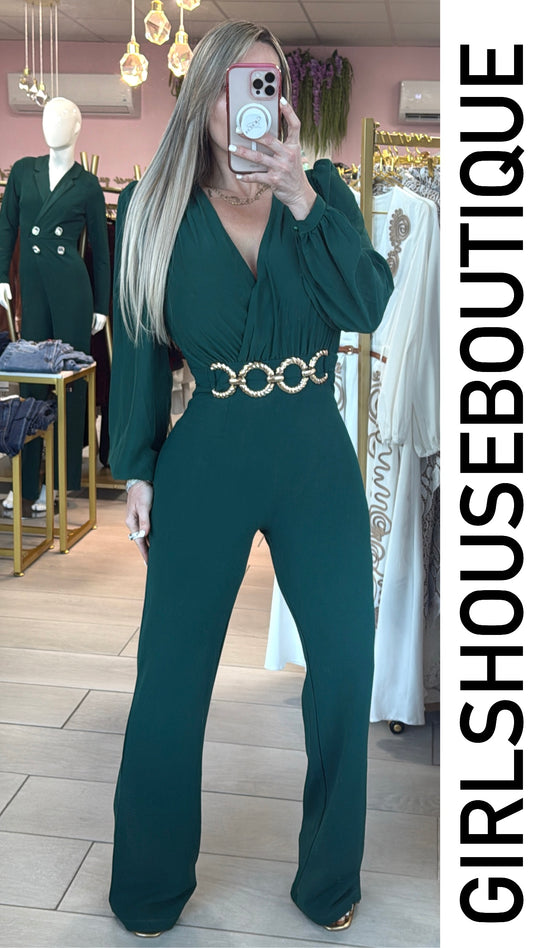 Hunter Green Long Sleeve & Gold Chain Jumpsuit