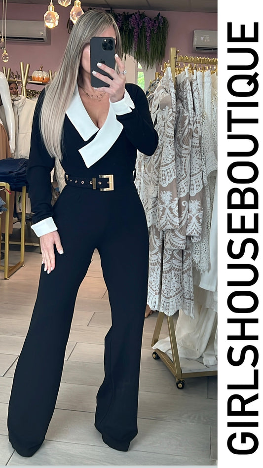 Anabella Black/White & Gold Belt Jumpsuit