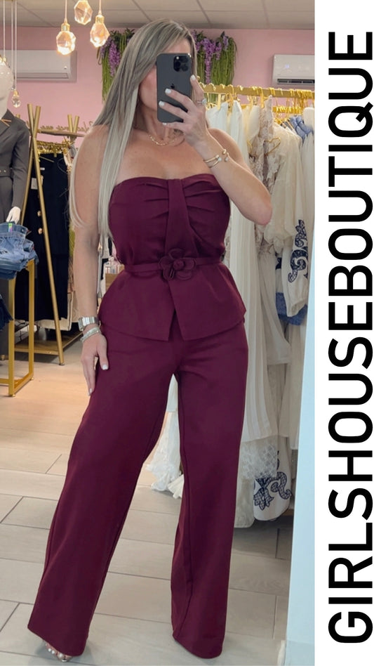 Wine Bustier Flower Belt & Pant Set