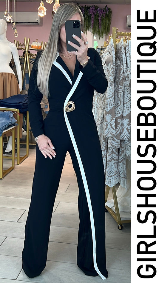 Black and White Long Sleeve Jumpsuit