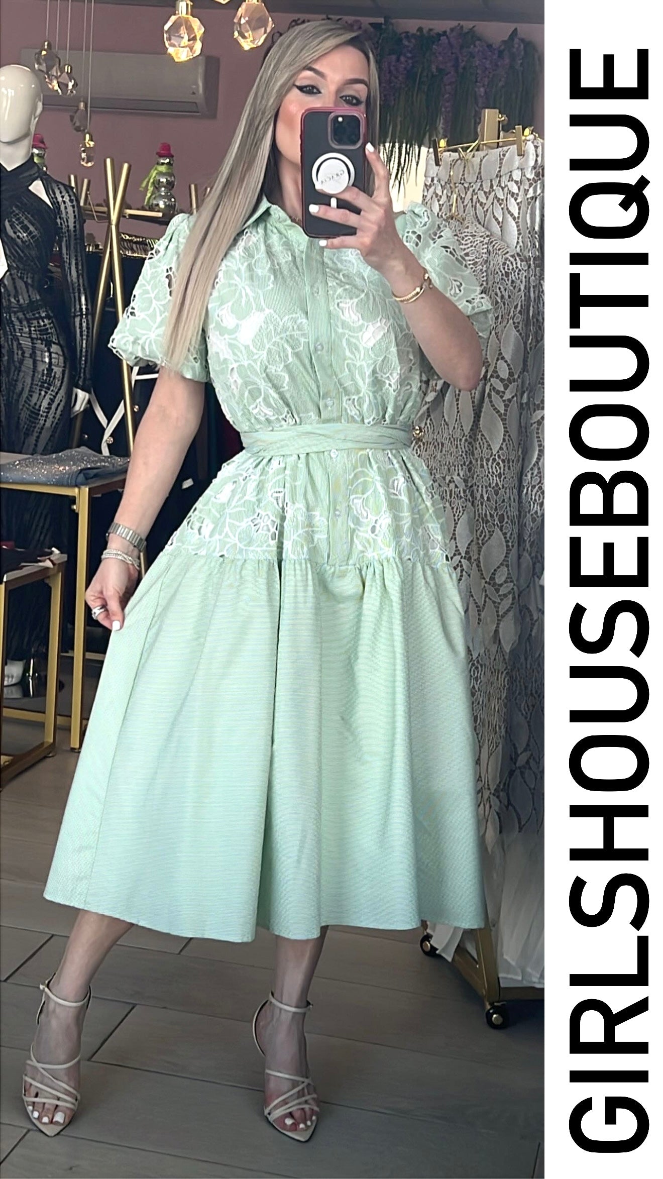 GRACIA COLLECTION Mint & White Embroidery Midi Dress