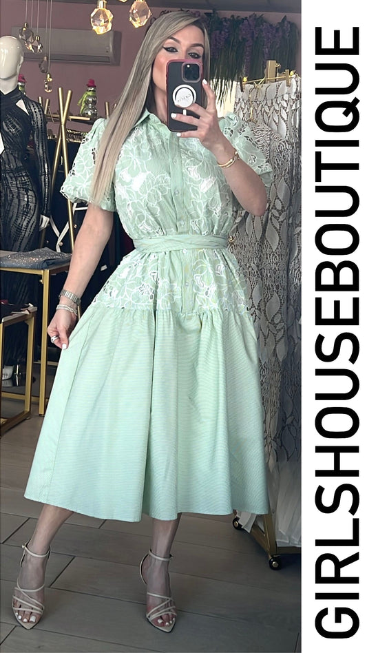 GRACIA COLLECTION Mint & White Embroidery Midi Dress