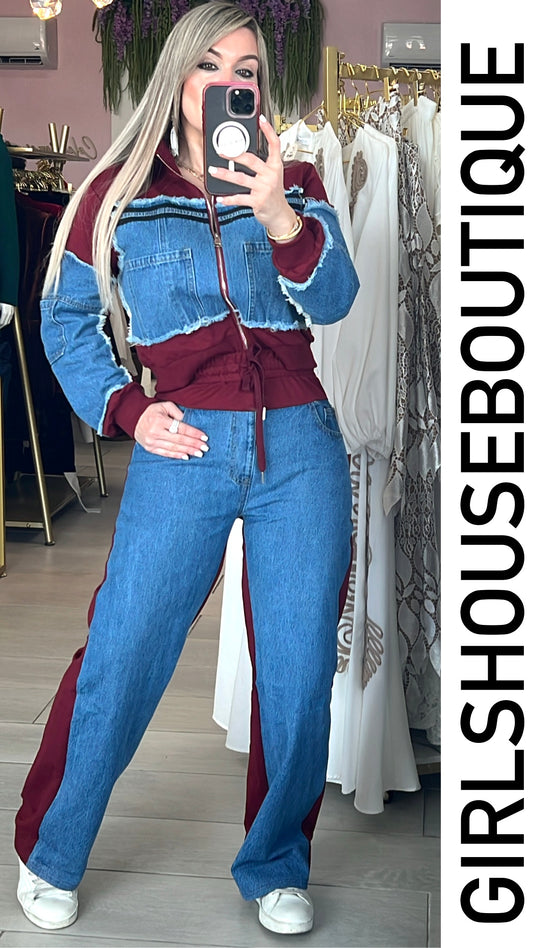 Burgundy & Denim Jogger Set