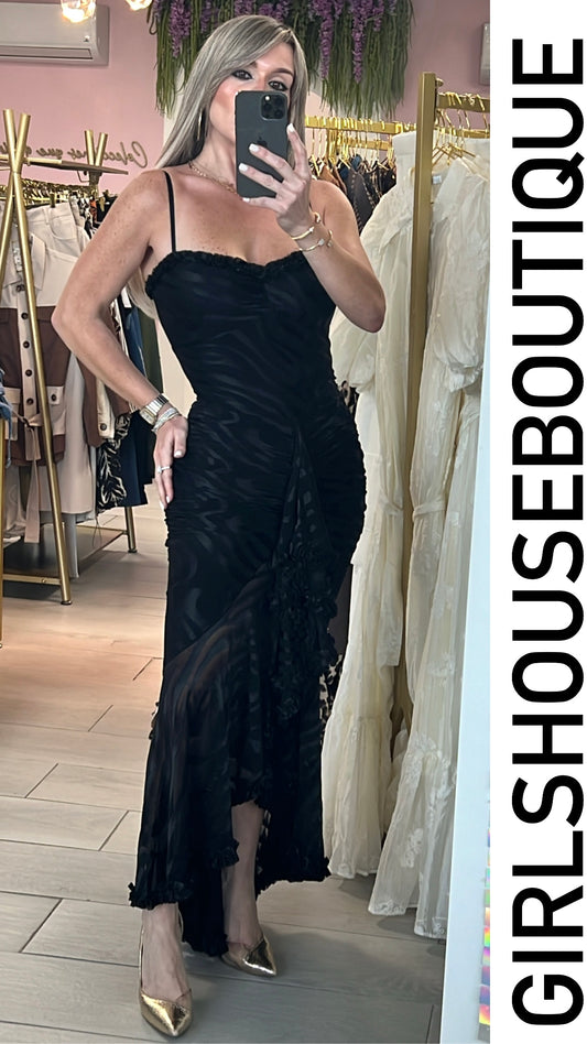 Black Animal Print & Ruffle Dress