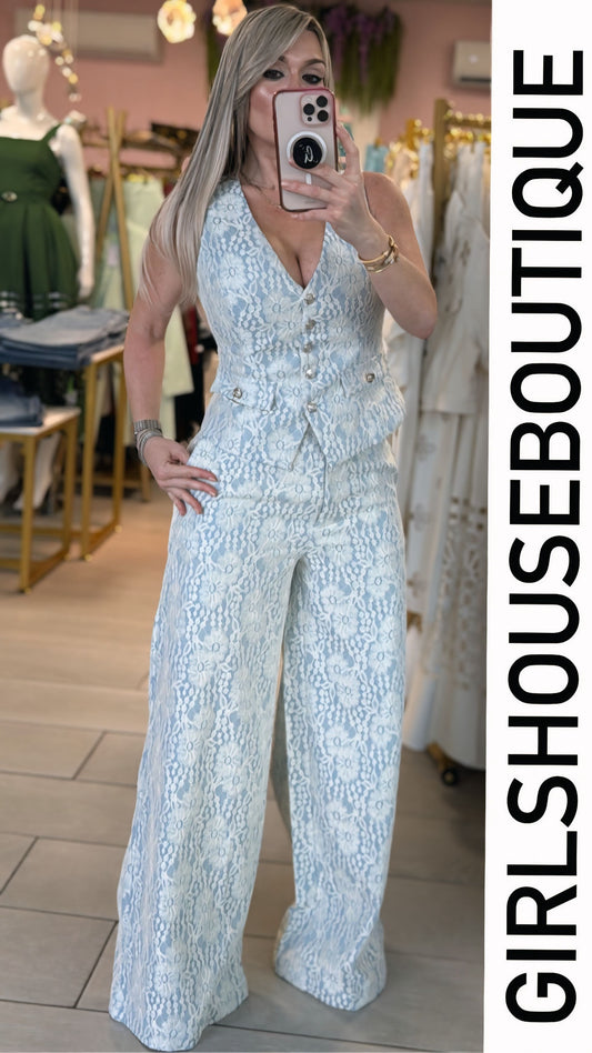 Monnike Sky Blue & Creme Lace Pant Set