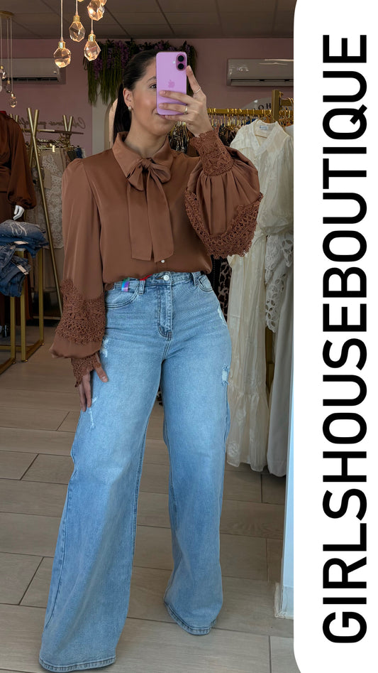 Chocolate Satin- Crochet Blouse