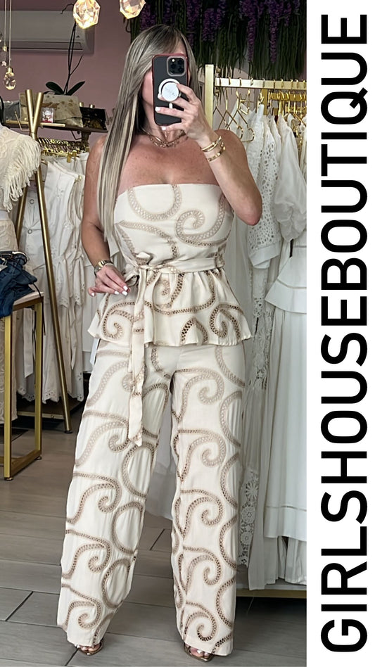 Beige & Embroidery Taupe Strapples Peplum Top & Pant Set