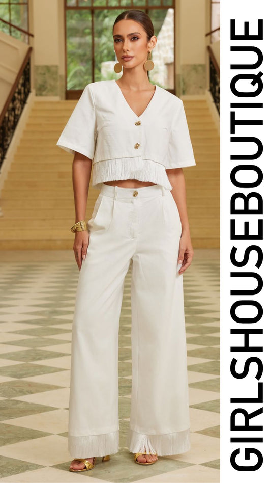 Soft White Fringe Elegance Top & Pant Set