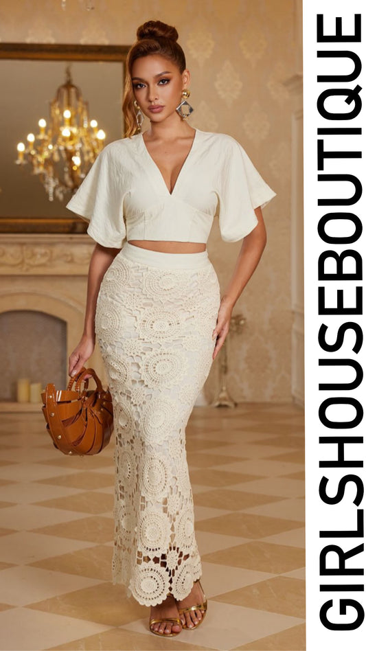 Soft Ivory Ruffle Sleeve Top & Crochet Skirt Set