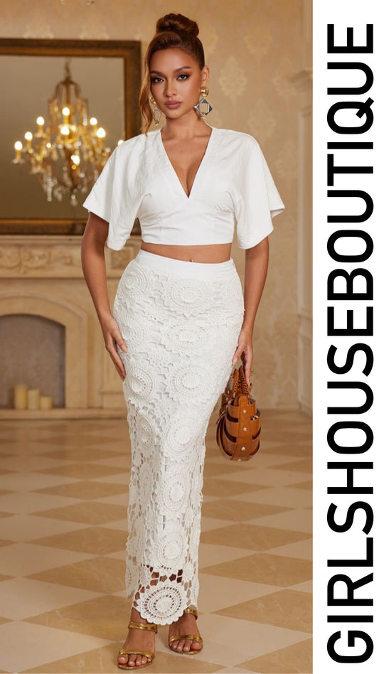 White Ruffle Sleeve Top & Crochét Skirt Set