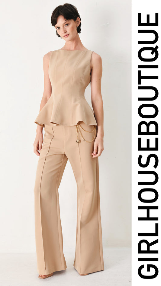 Taupe Peplum Elegance Top & Gold Chain Pant Set