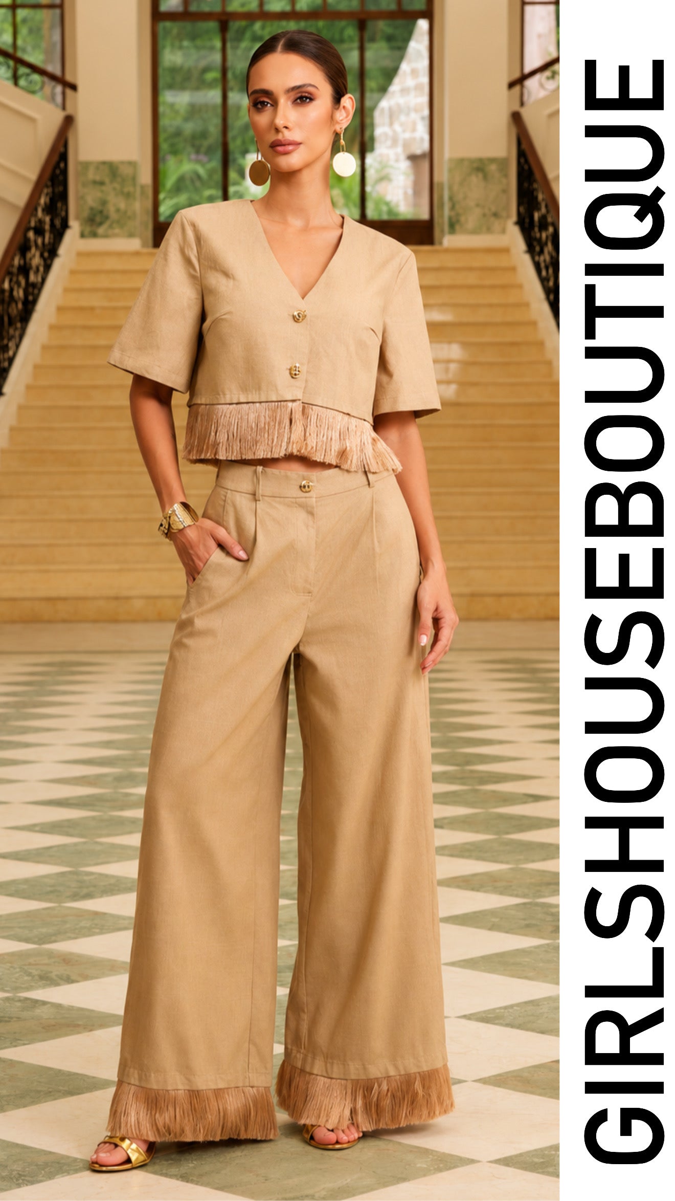 Taupe Fringe Elegance Top & Pant Set