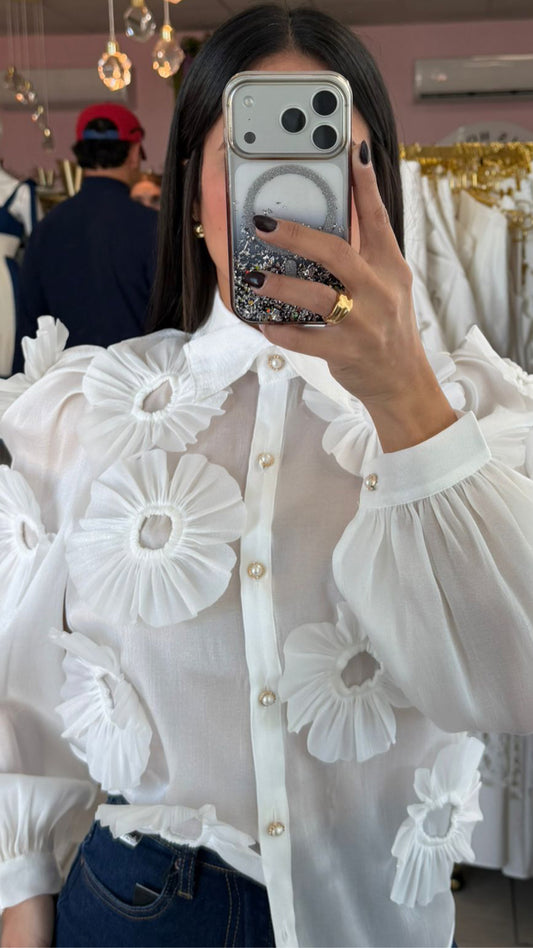White 3D Garden Elegance Blouse