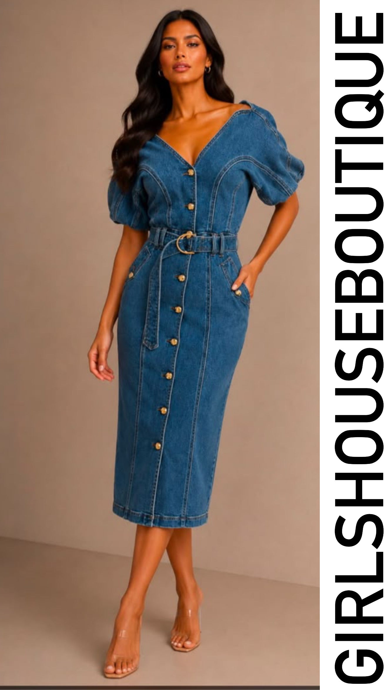 Lou Belle Denim Puff Sleeve Elegance Strech Dress