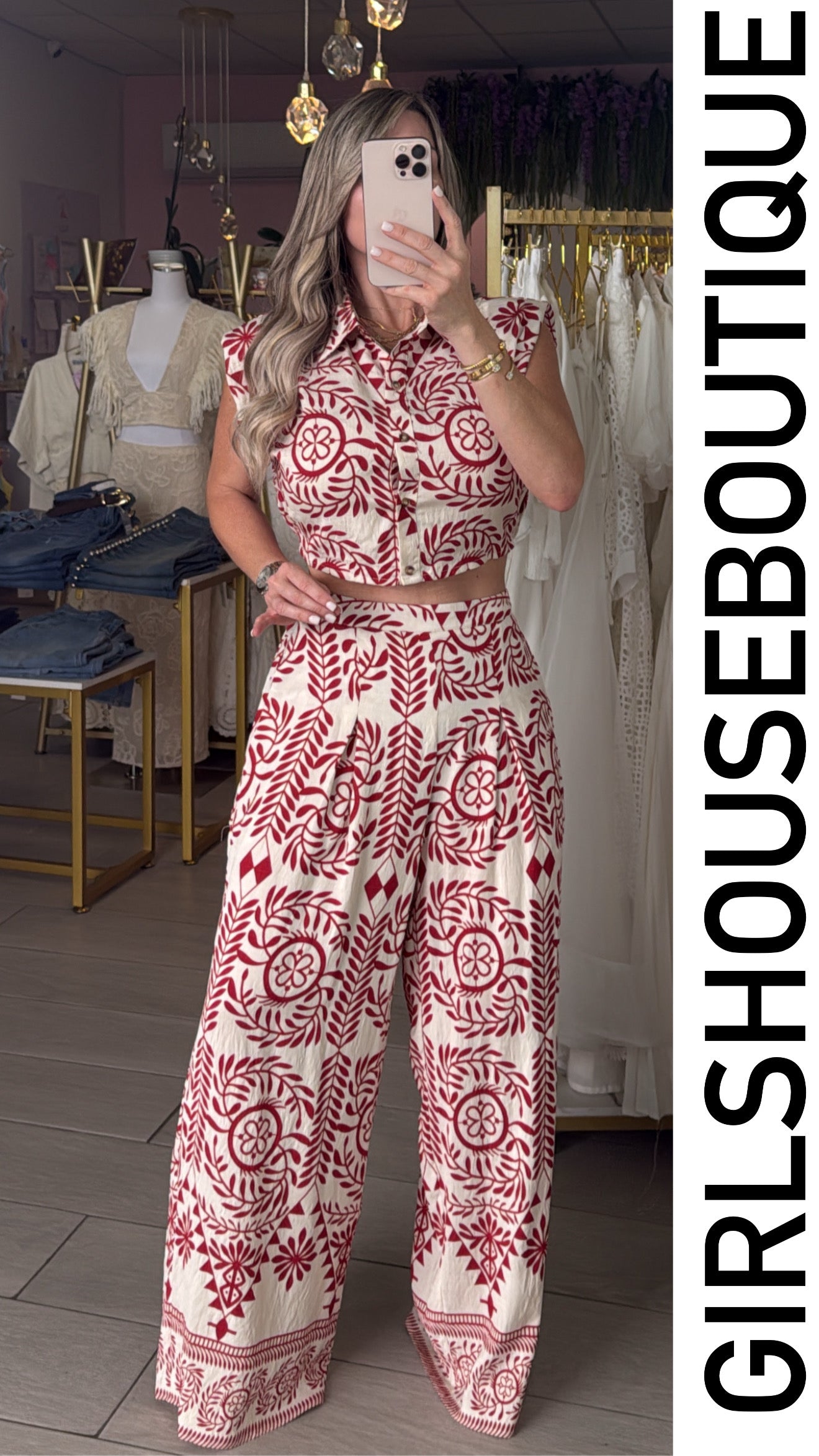 Red&Ivory Leaf Top & Pant Set