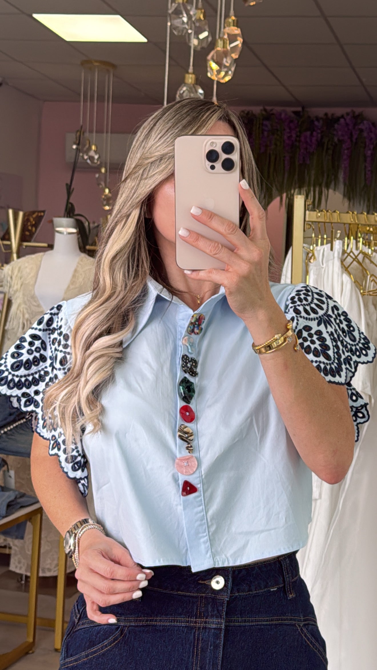 Baby Blue Desigual Colors Button & Ruffle Sleeve Top