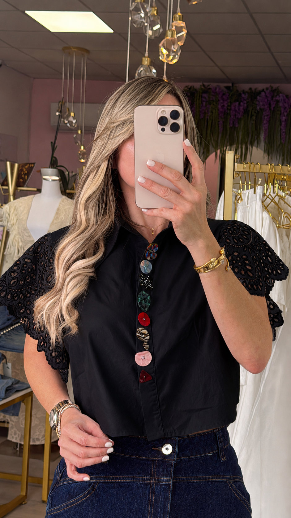 Black Desigual Colors Buttons & Ruffle Sleeve Top