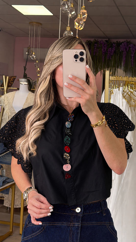 Black Desigual Colors Buttons & Ruffle Sleeve Top