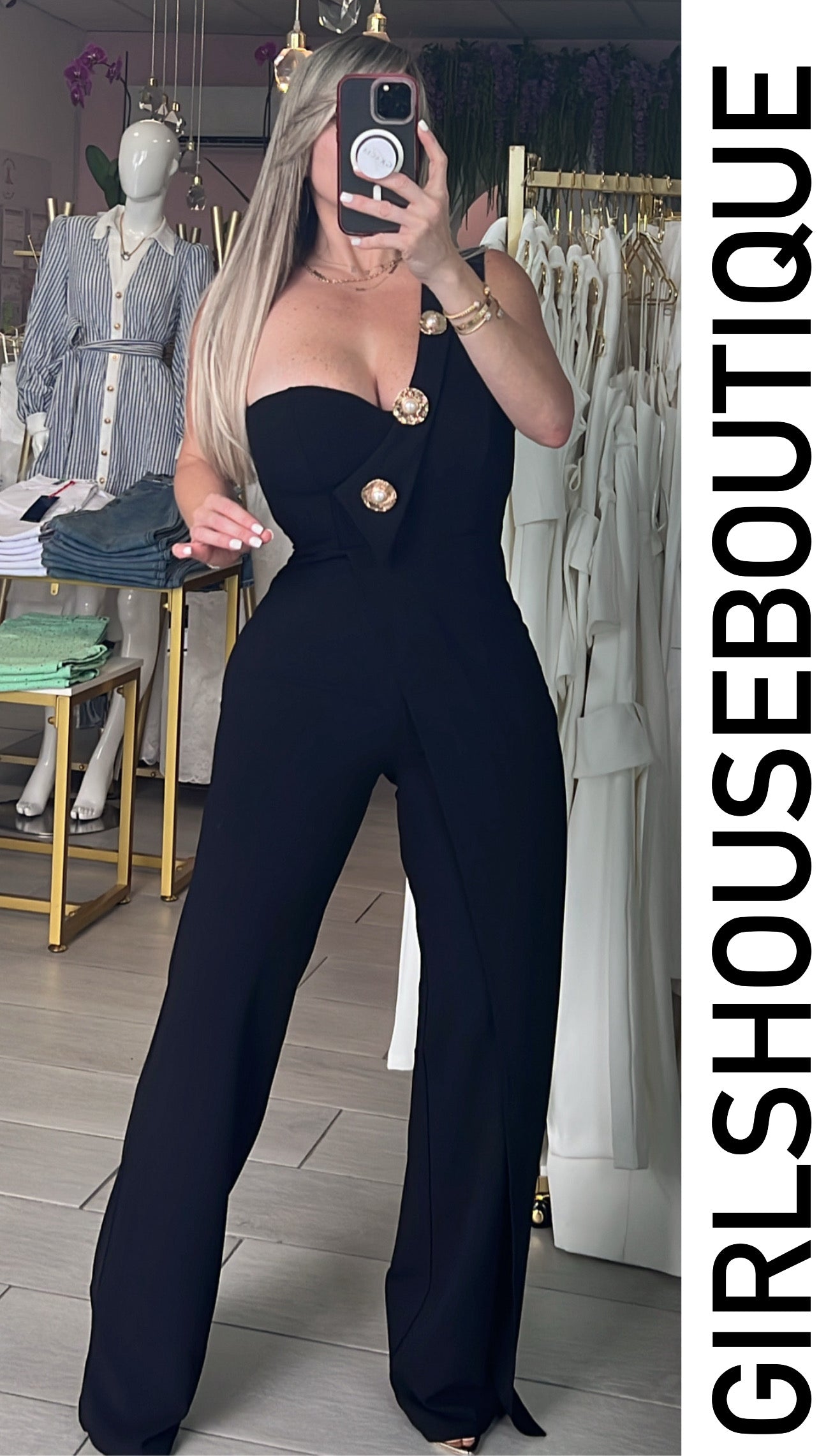 One Shoulder Gold Pendant & Pearl Asymmetric Jumpsuit