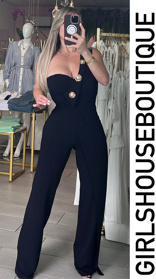 One Shoulder Gold Pendant & Pearl Asymmetric Jumpsuit