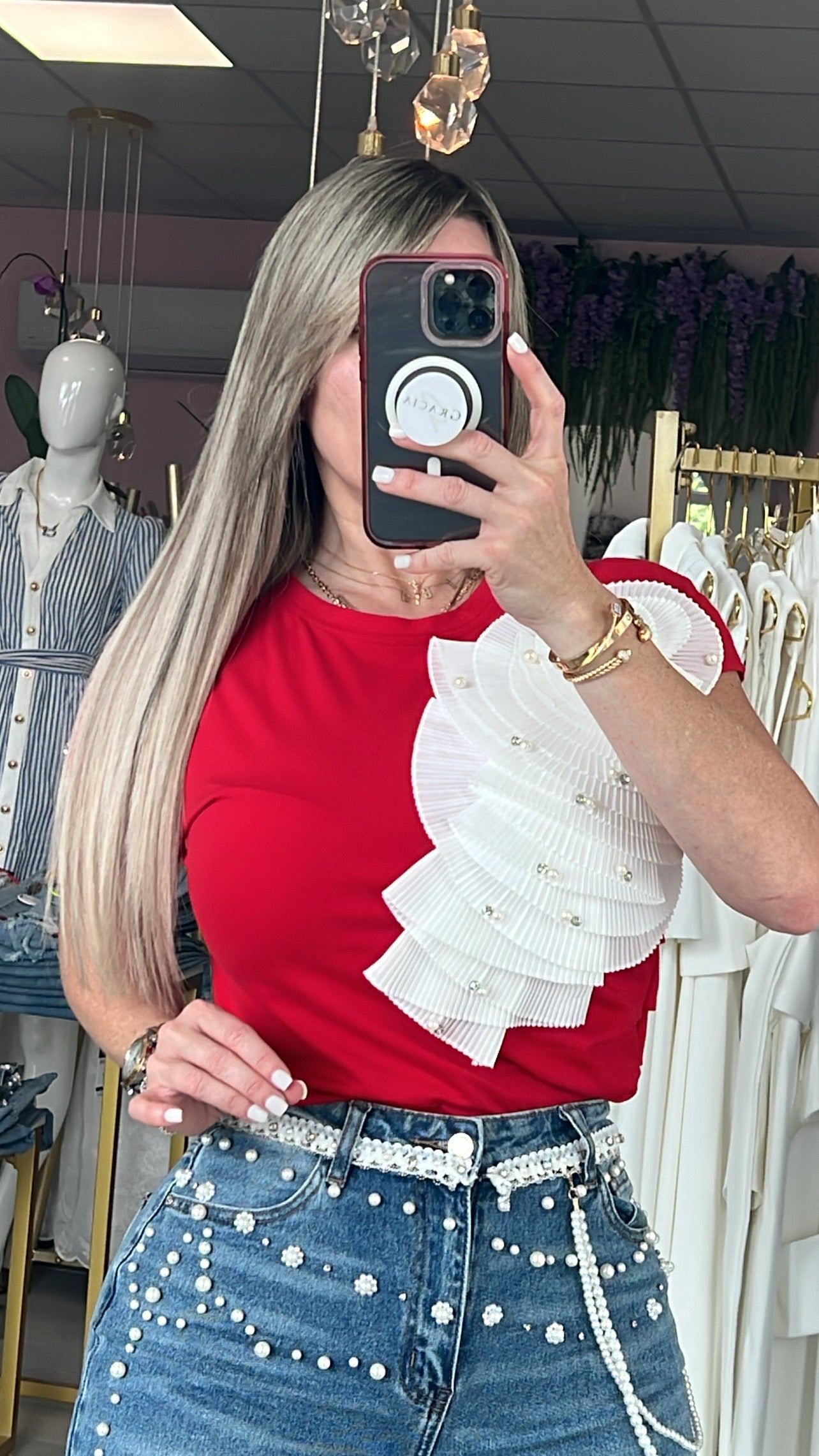 Rouge & White Flower Pleated Top