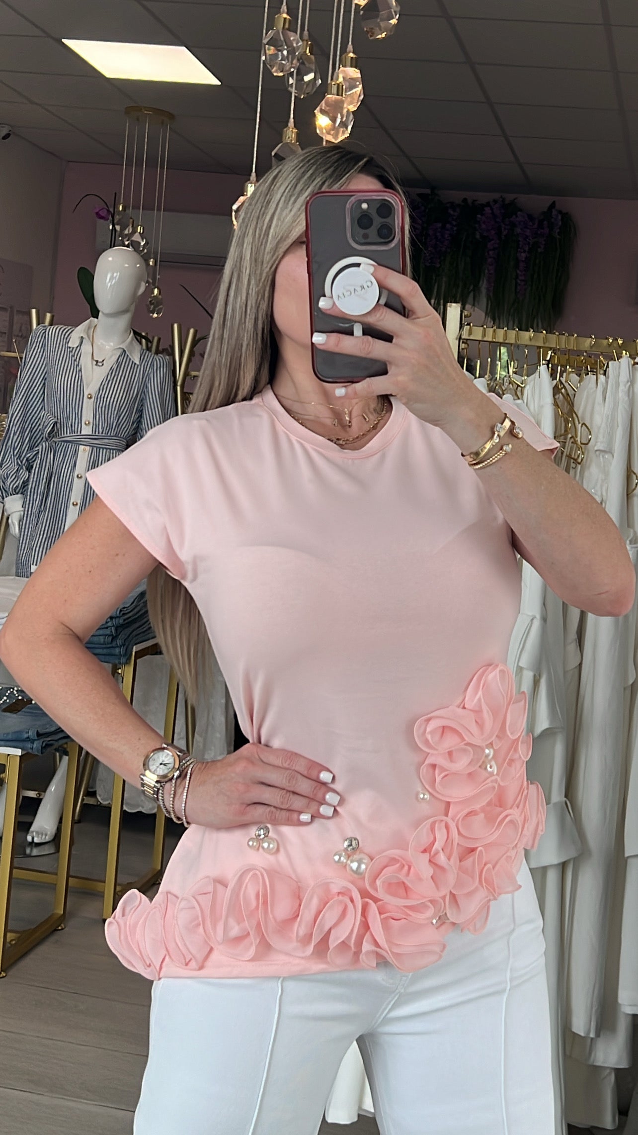 Peach Flower & Pearls Asymmetric Top