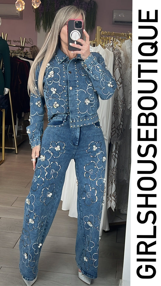 Shimmering Crystal Flowers Denim Set