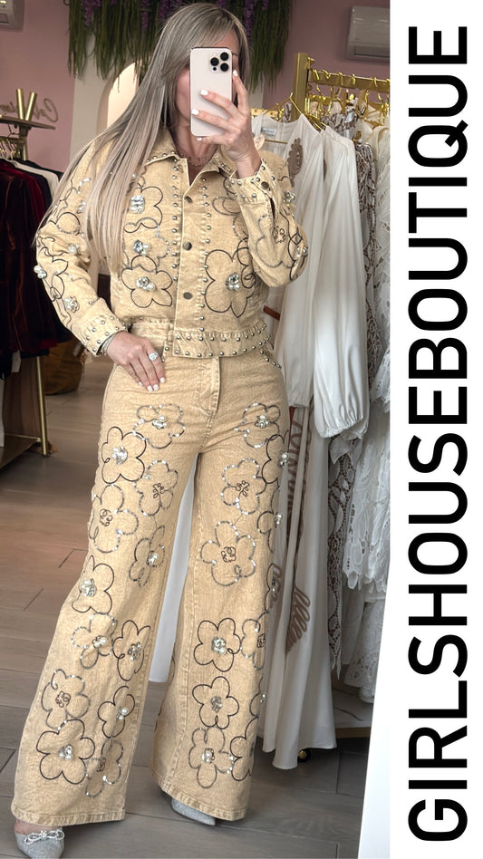 Kaki Shimmering Crystal Flower Pant Set