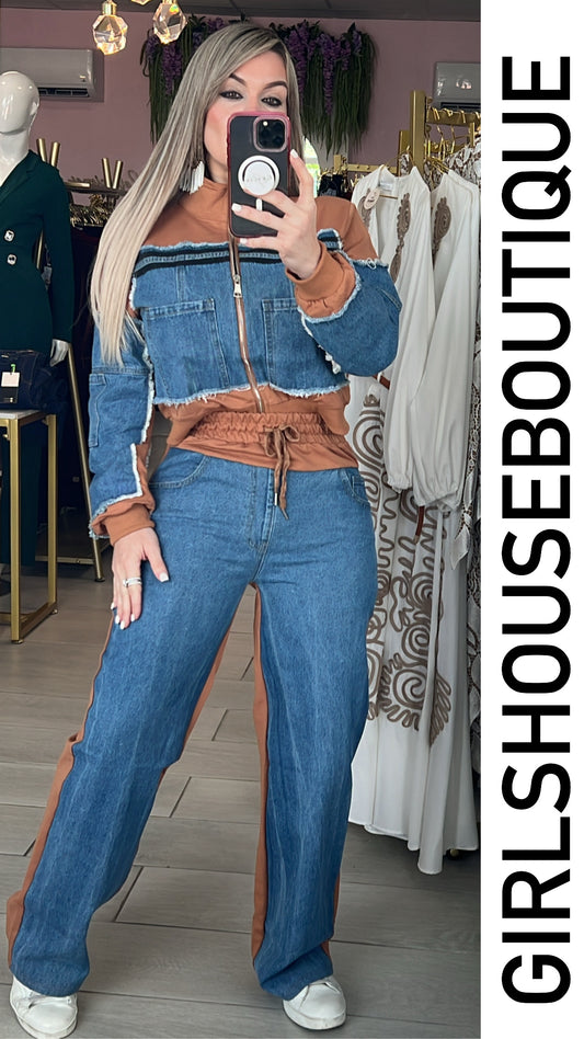 Camel & Denim Jogger Set