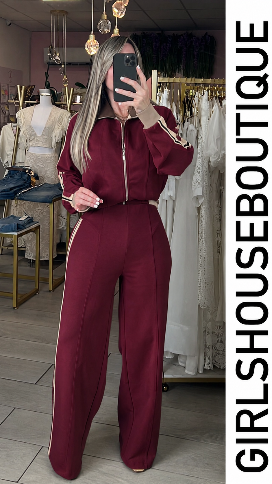 Wine&Mocha Stripe Elegance Jacket & Strech Pant Set