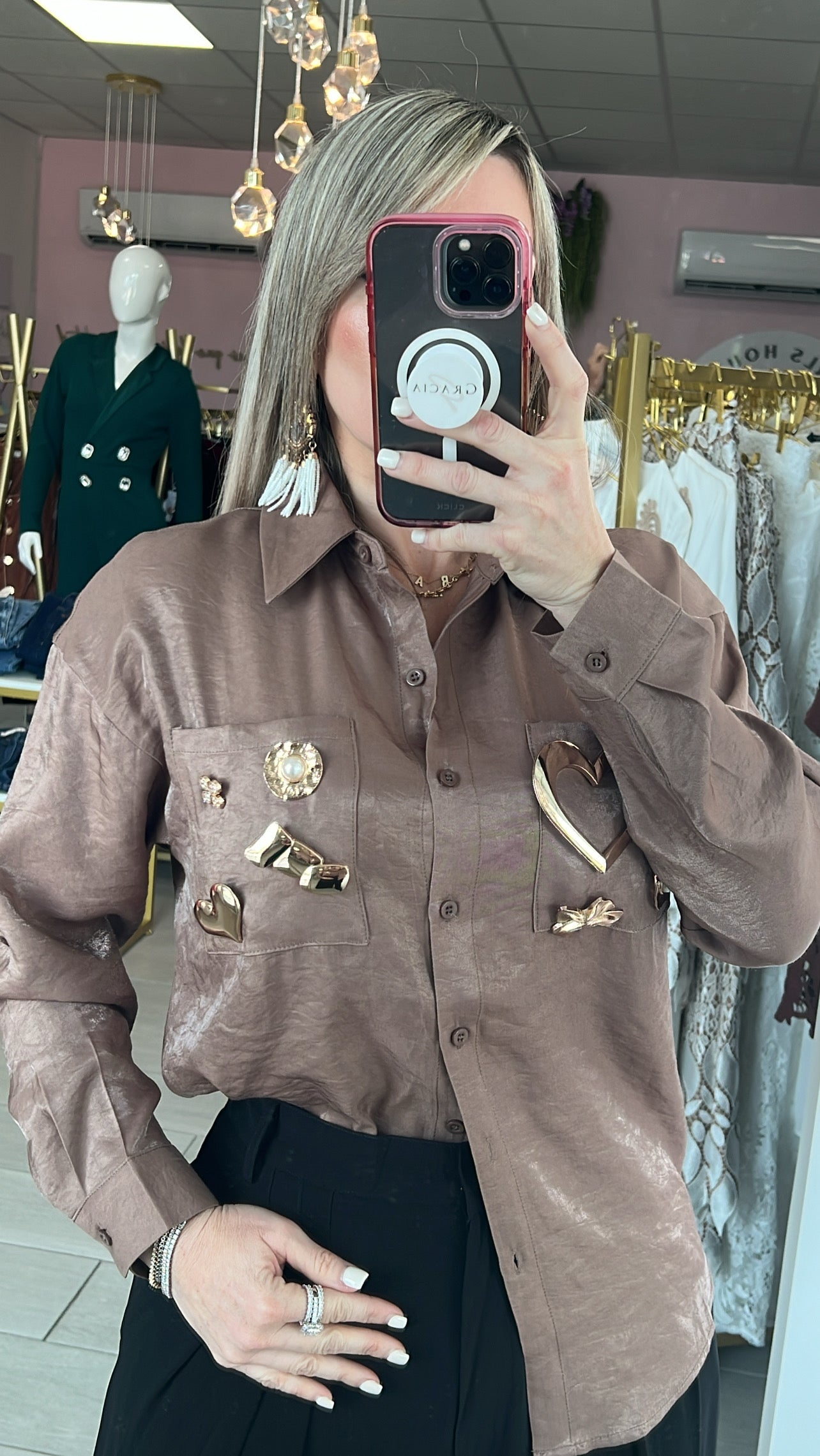 Light Brown & Gold Pendants Blouse