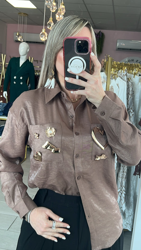 Light Brown & Gold Pendants Blouse