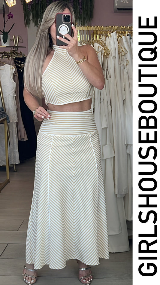 Amaina White & Creme Turtleneck Stripe Top & Skirt Set