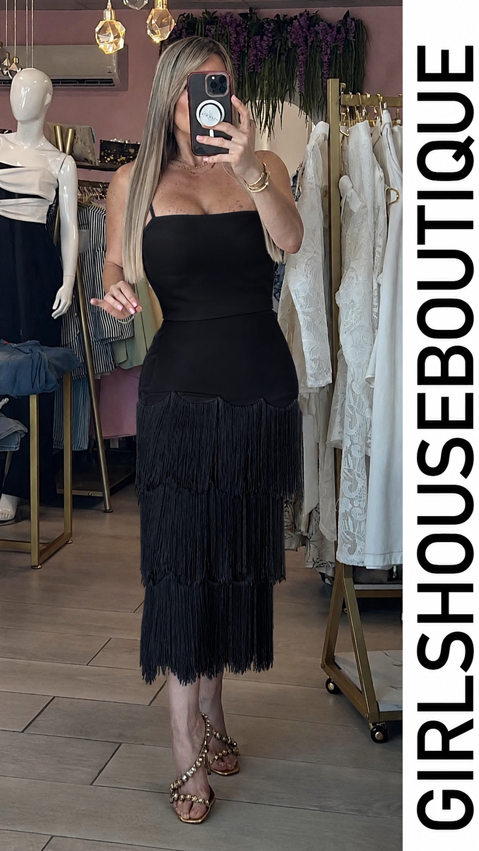 Black Luxe Strech Top & Midi Fringe Skirt Set