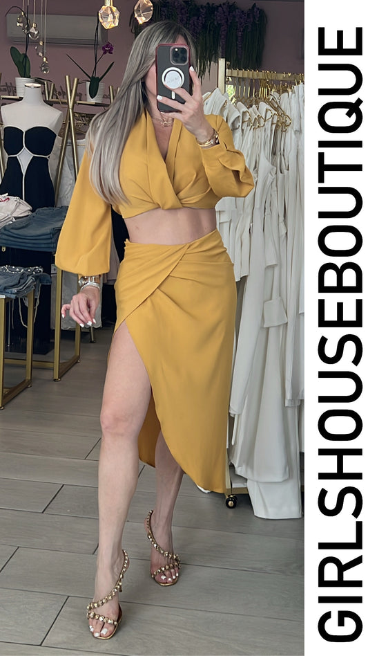 Mustard Long Sleeve Top & Asymmetric Skirt Set