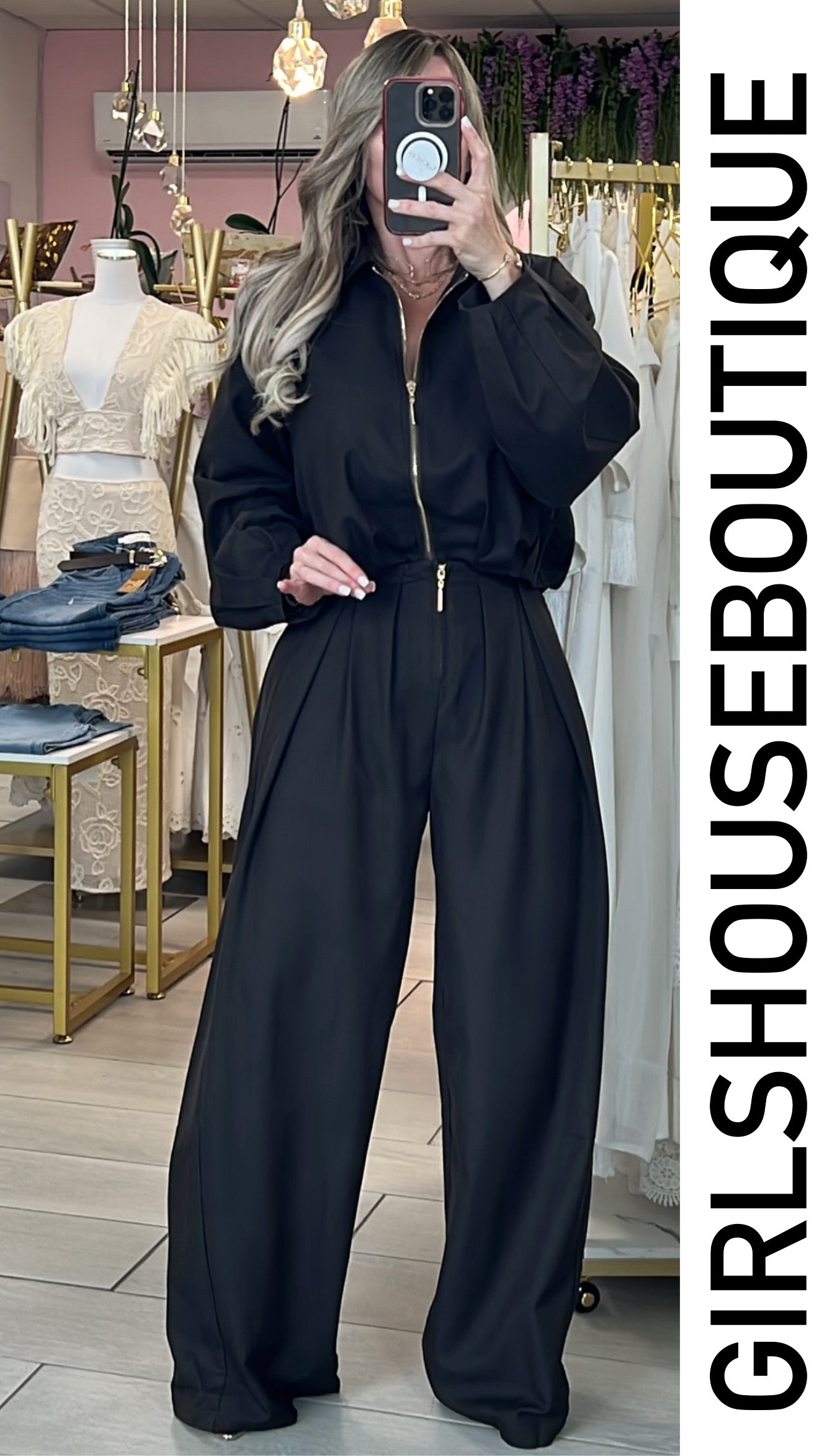 Choco Zip-up Gold Jacket & Elegance Pant Set