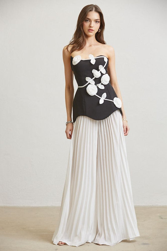 White 3D Rose Corset & Pleated Pant