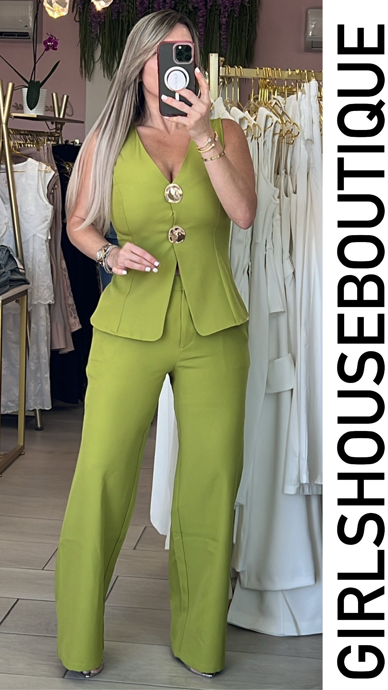 Avocado Gold Button Vest & Pant Set