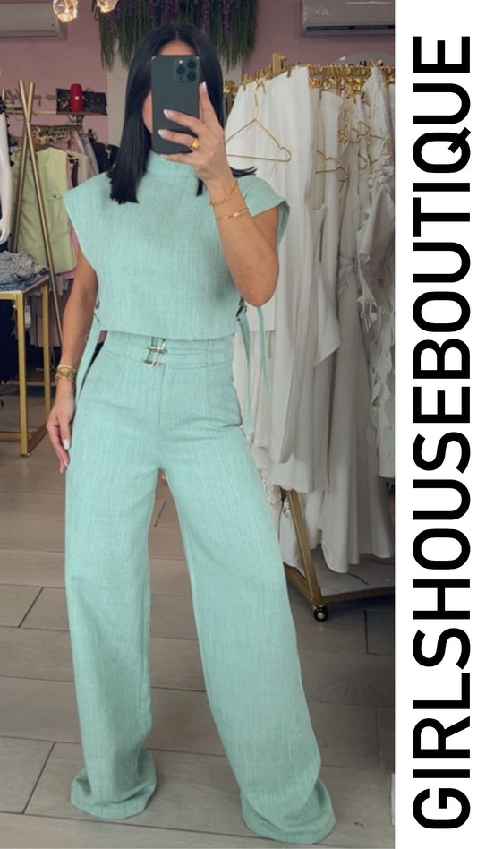 Sage Lino Top & Silver Chain Belt Pant Set