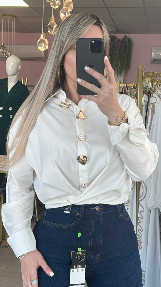White Long Sleeve & Gold Buttons Top