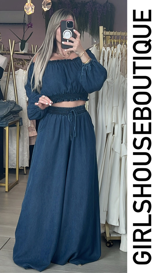 Dark Denim Off Shoulder Top & Palazzo Set