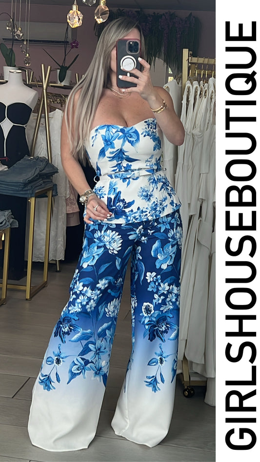 Blue Bloom Strapples Top & Pant Set
