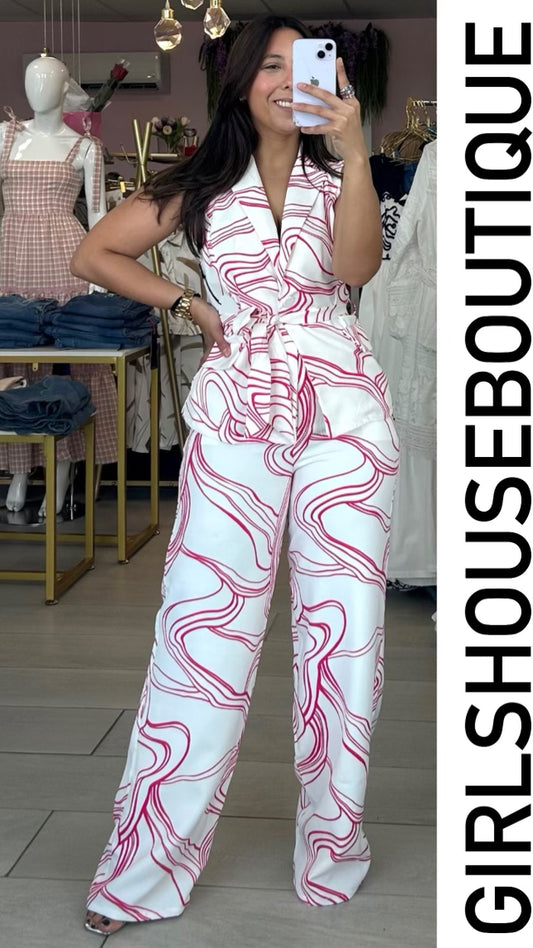 Lora Pink and white Vest and Pant Set