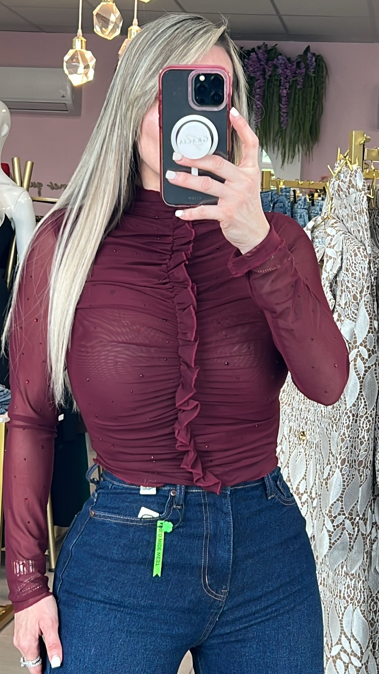 Burgundy Mesh Long Sleeve Top
